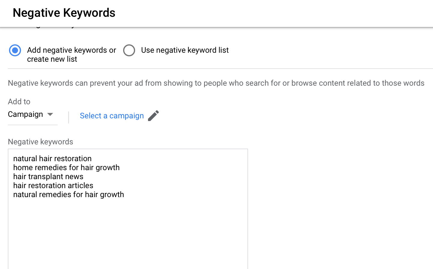 adding negative keywords for hair restoration