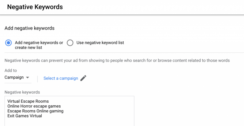 Include negative keywords that you want to block