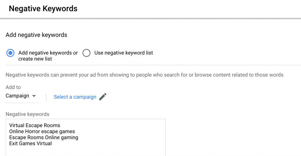 Include negative keywords that you want to block