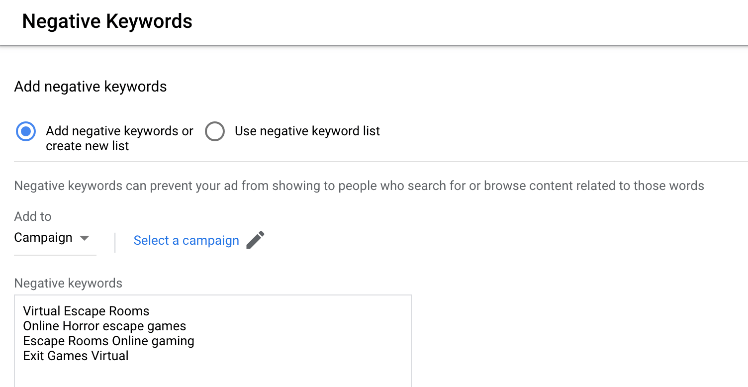 Include negative keywords that you want to block