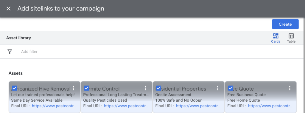 adding sitelinks for pest control company campaign