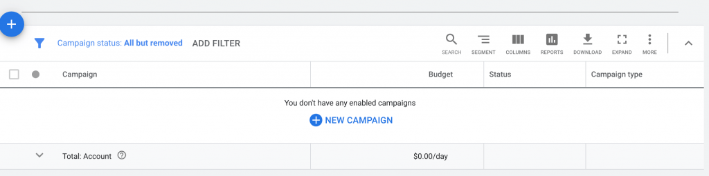 Select blue new campaign to begin Google Ads for real estate agents
