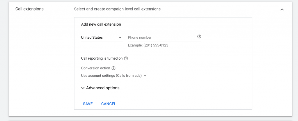 Set call extensions and conversion action