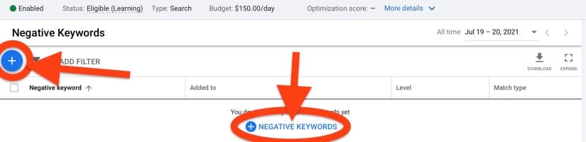click blue plus signs to add to negative keywords list