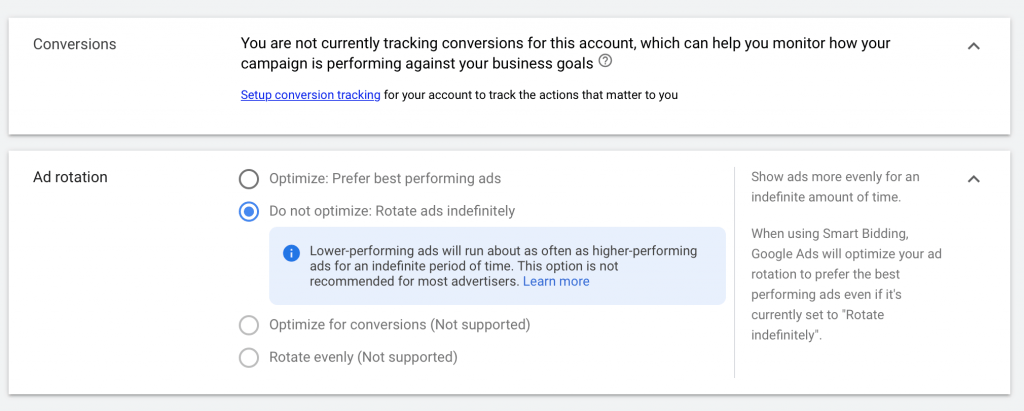 set up conversion tracking and ad rotation. 