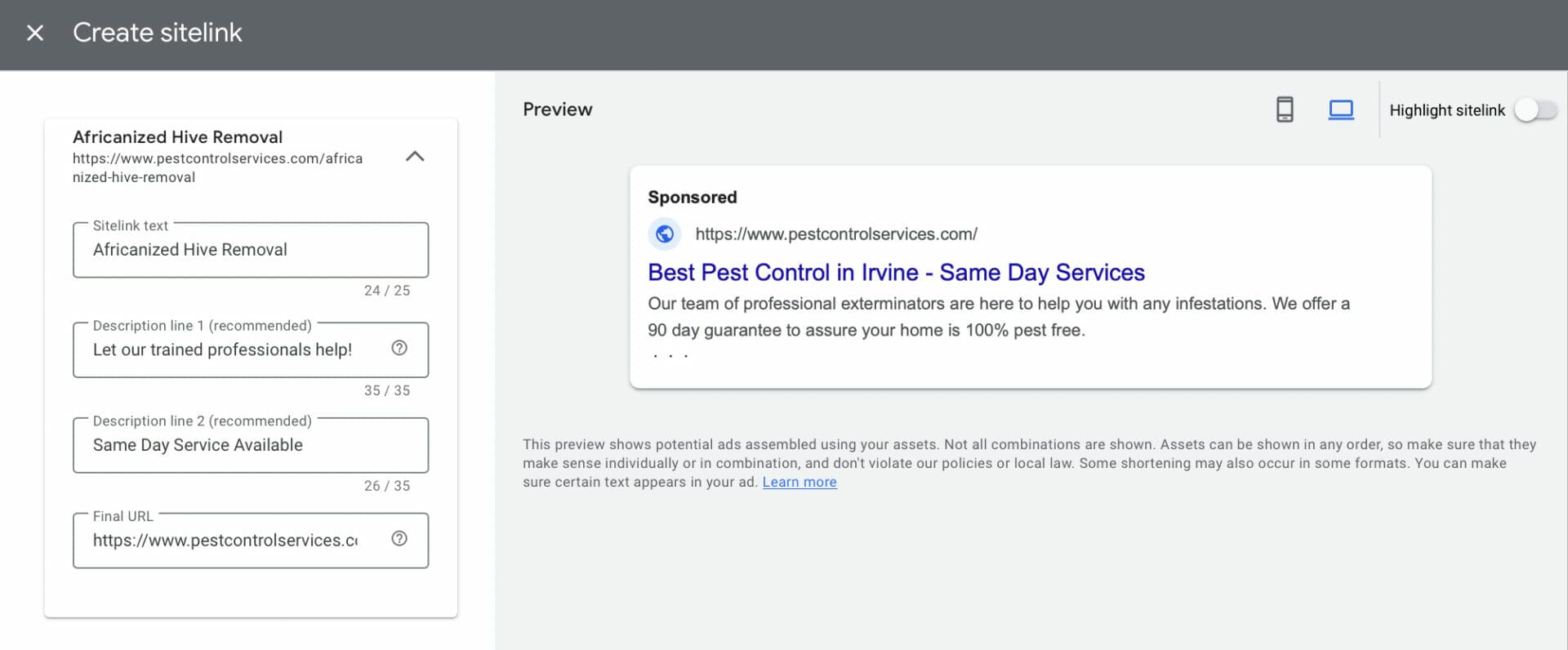 creating sitelinks for pest control company