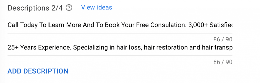google ads description for hair transplants