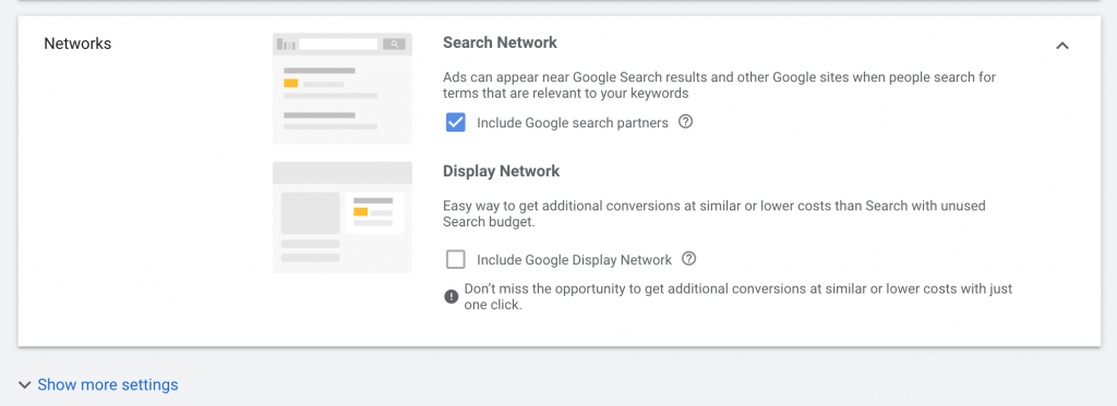 Keep Search Network checked and deselect Display Network