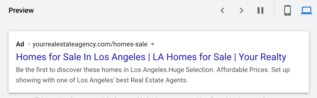 Desktop view of a Google Text Ad for real estate agents