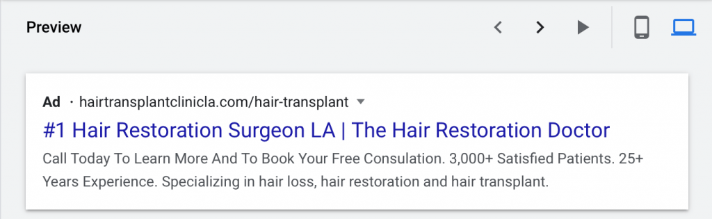google ads for hair restoration and transplants desktop preview