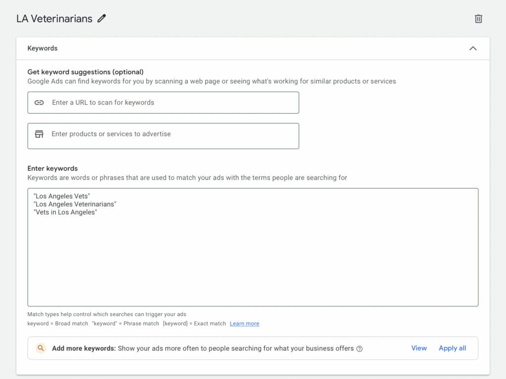 example of keywords and group campaign for la vets ppc