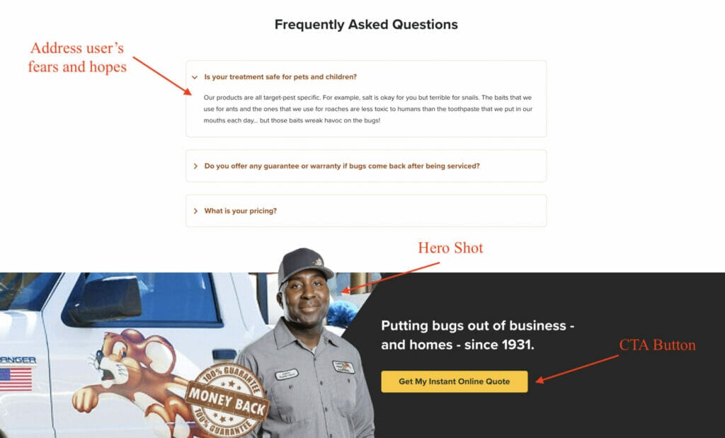 cta button and faqs for pest control company service