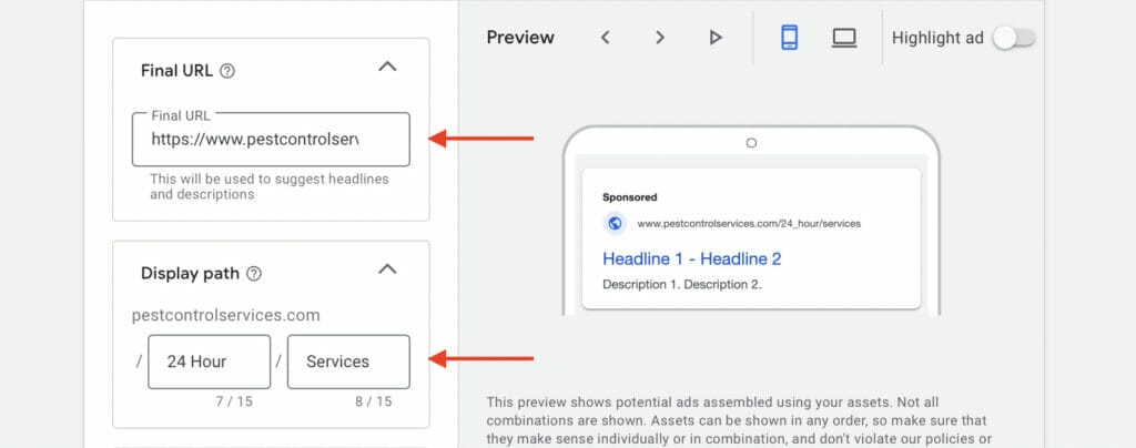 final url and display path for pests ppc campaign