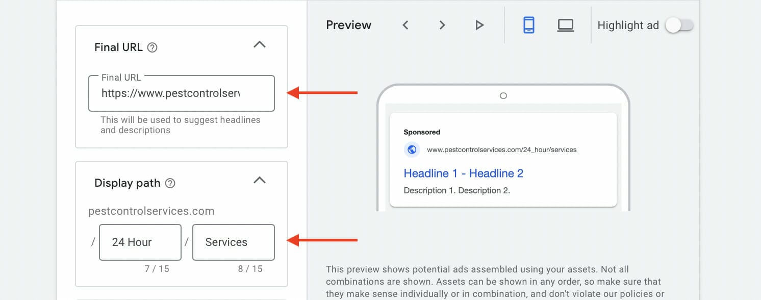final url and display path for pests ppc campaign