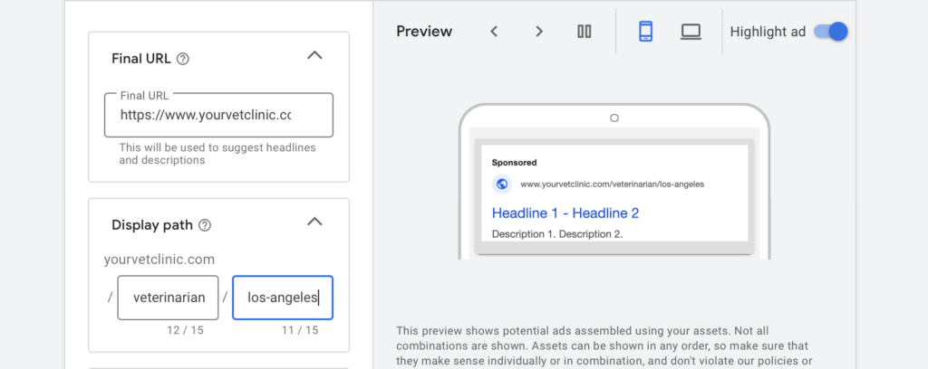 final url and display path for vets ppc