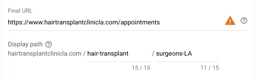 google ads for hair transplant doctors final url and display path