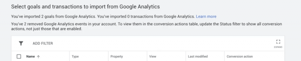 Import goals and transactions from google analytics