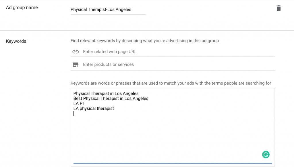create ad group name and enter keywords