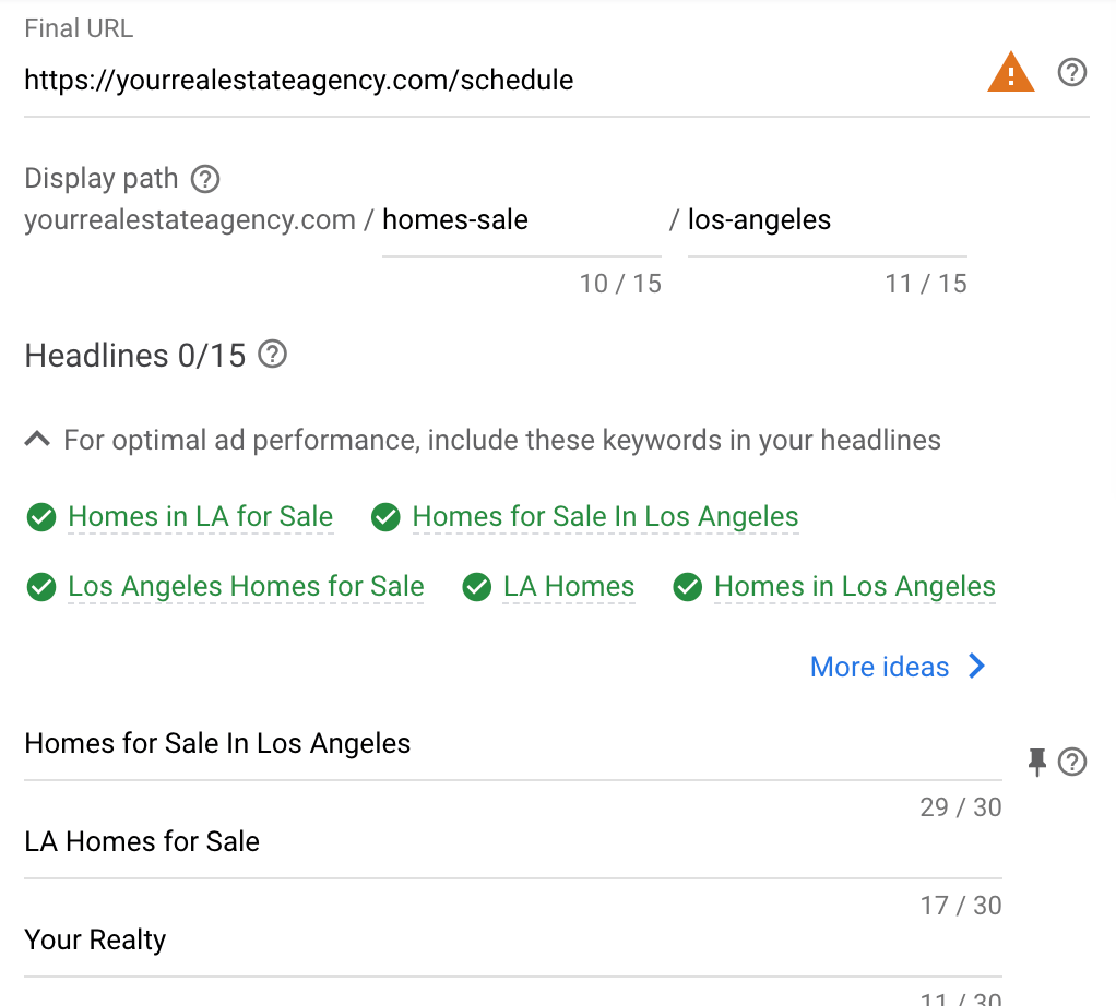 Create Final URL, Display Path and Ad Headlines. 
