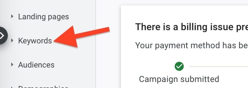 select keywords tab to add negative keywords