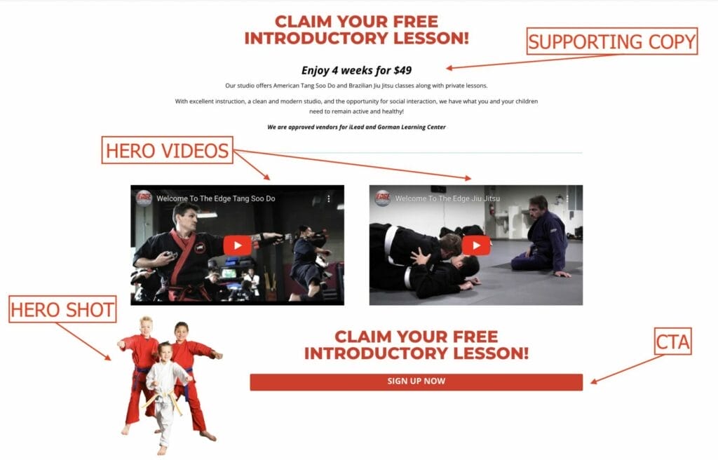 landing page example for intro lesson for martial arts offer with ctas and supporting copy