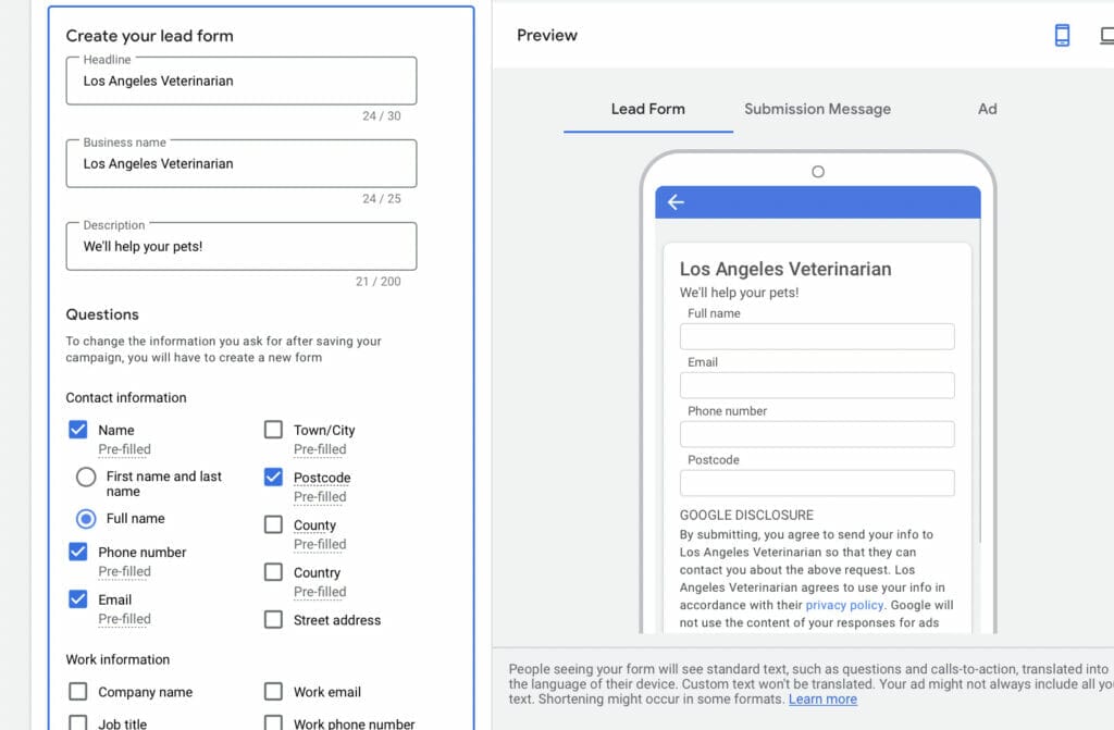 lead form asset example for vets clinic ppc campaign