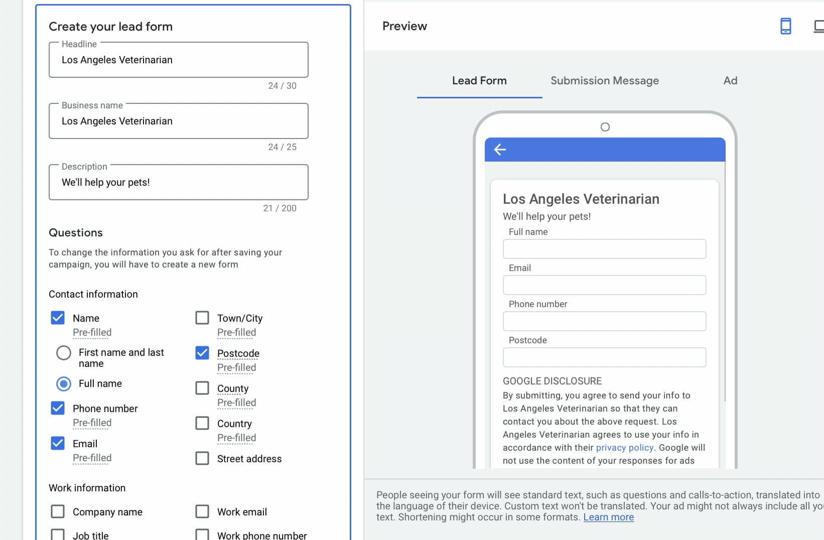lead form asset example for vets clinic ppc campaign