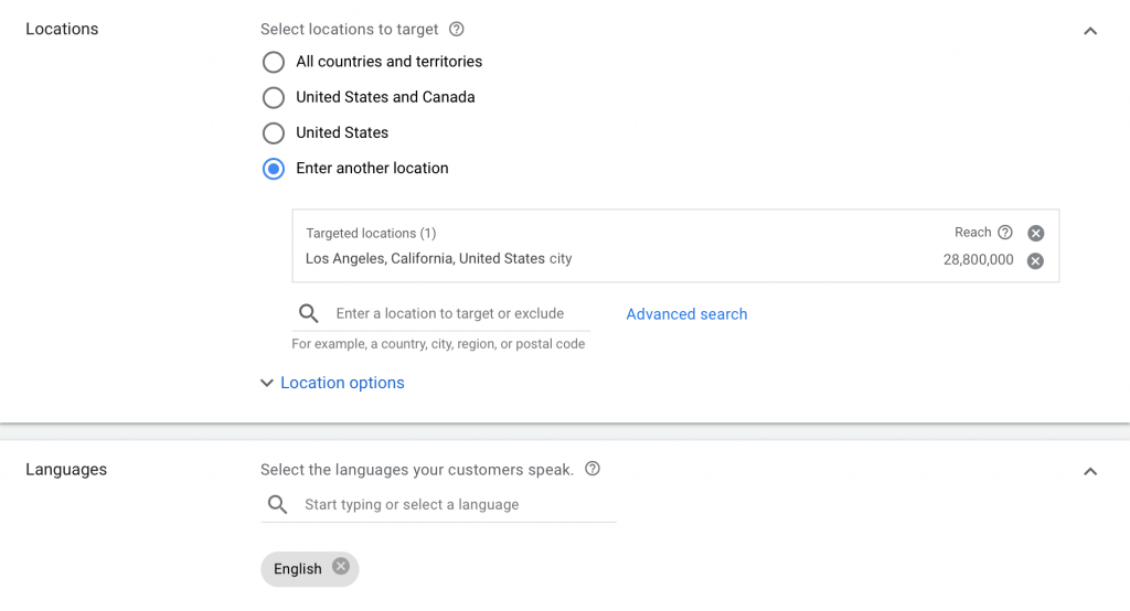 enter the language and locations you want your ads to target