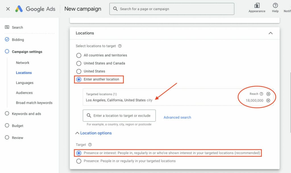 location settings for roofers campaign