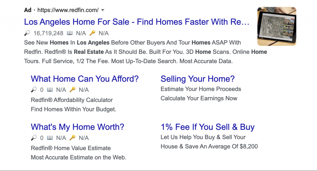 Redfin Ad extension for real estate example 