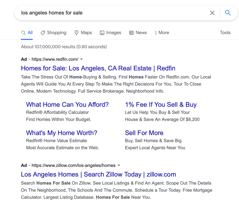 results on google when searching for "los angeles homes for sale"