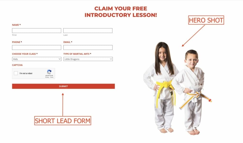 martial arts landing page example with hero shot and short lead form