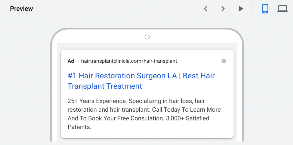 google ads for hair restoration and transplants mobile preview