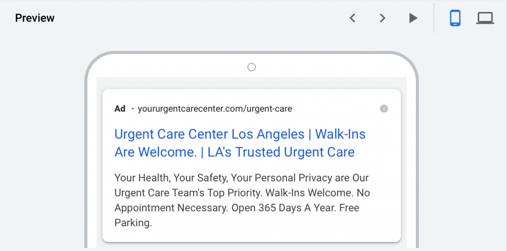 google ads for urgent care centers mobile device preview