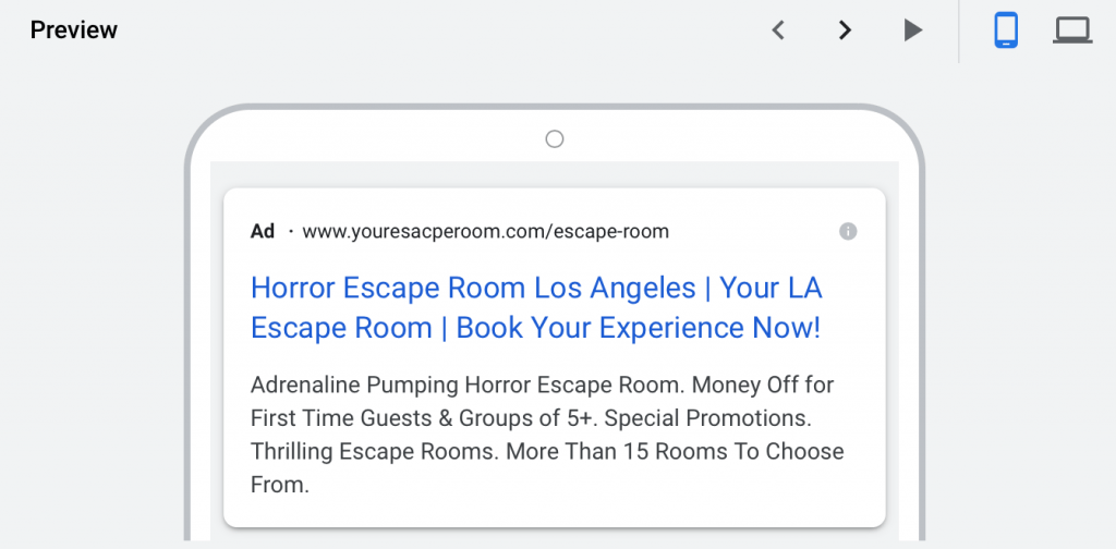 mobile preview of google ads for escape rooms campaign