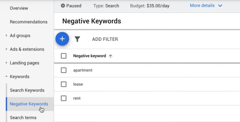 Select negative keywords on left tab to view or add to list. 