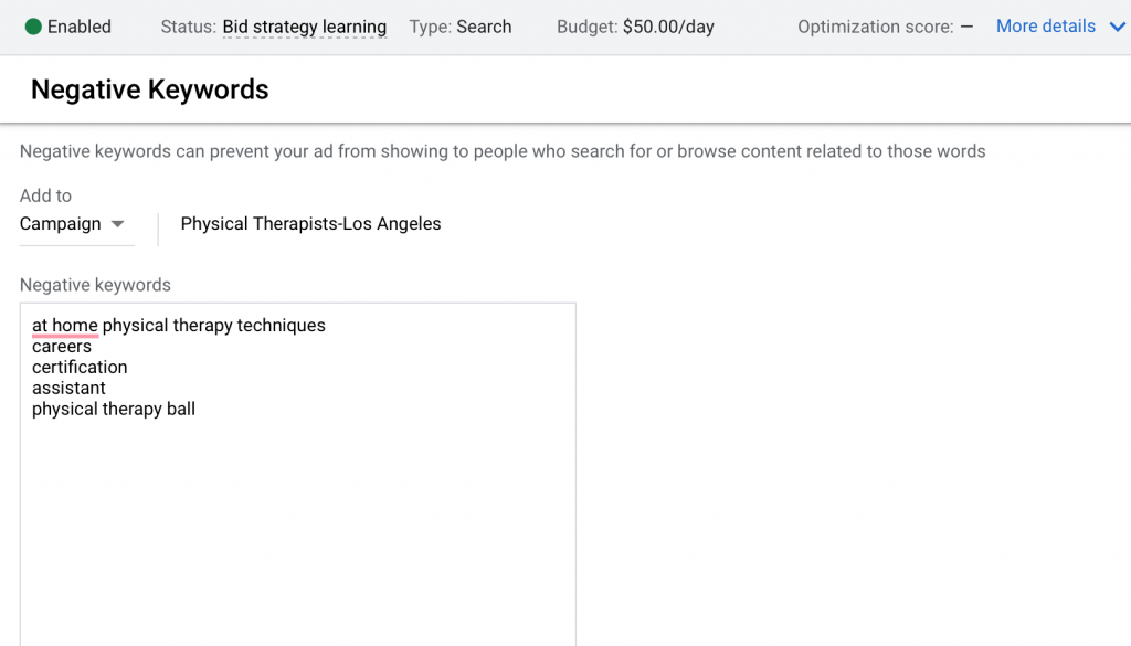 add negative keywords to the list in the box