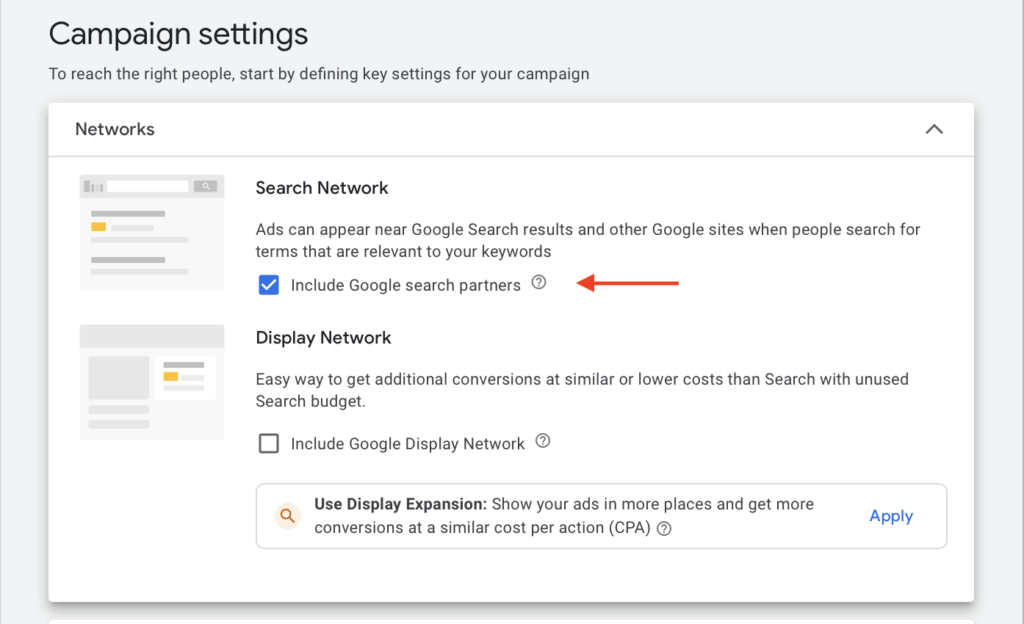network settings for roofing campaign using search network