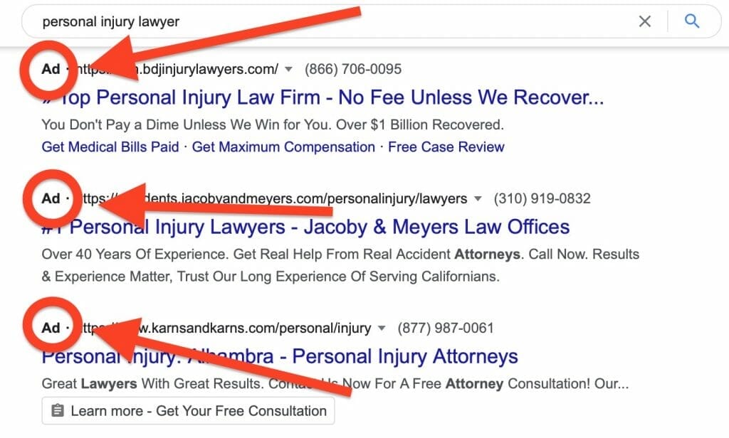 google search results for "personal injury lawyer"
