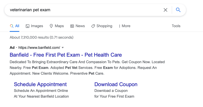 google search results when searching "veterinarian pet exams" 