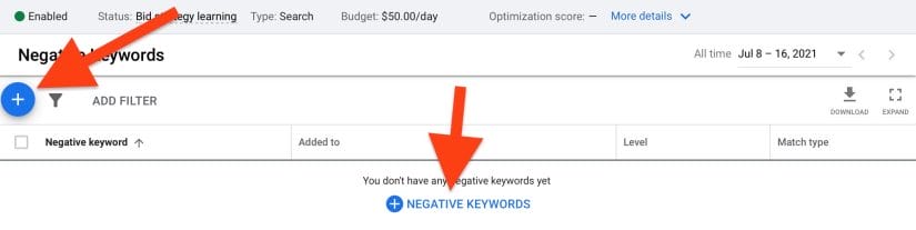 click blue plus sign to add to negative keyword lists