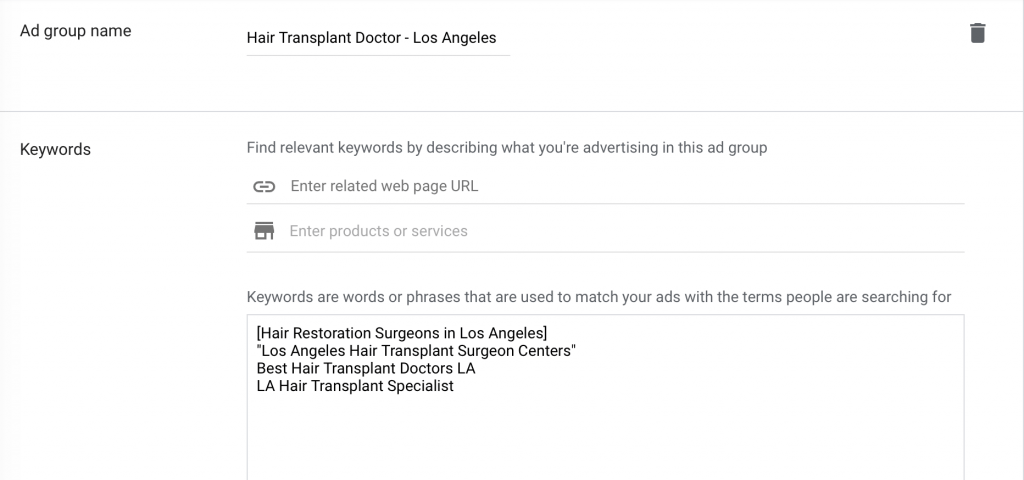 create ad group name and keywords for hair transplant ads