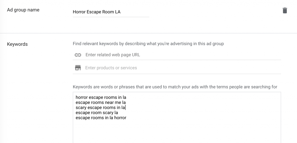 create ad group name and add desired keywords