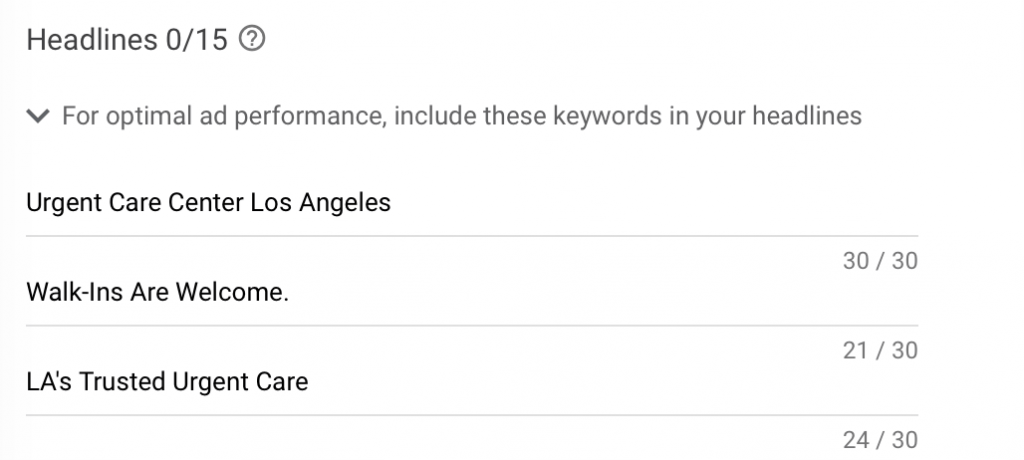 google ads for urgent care centers ad headline example