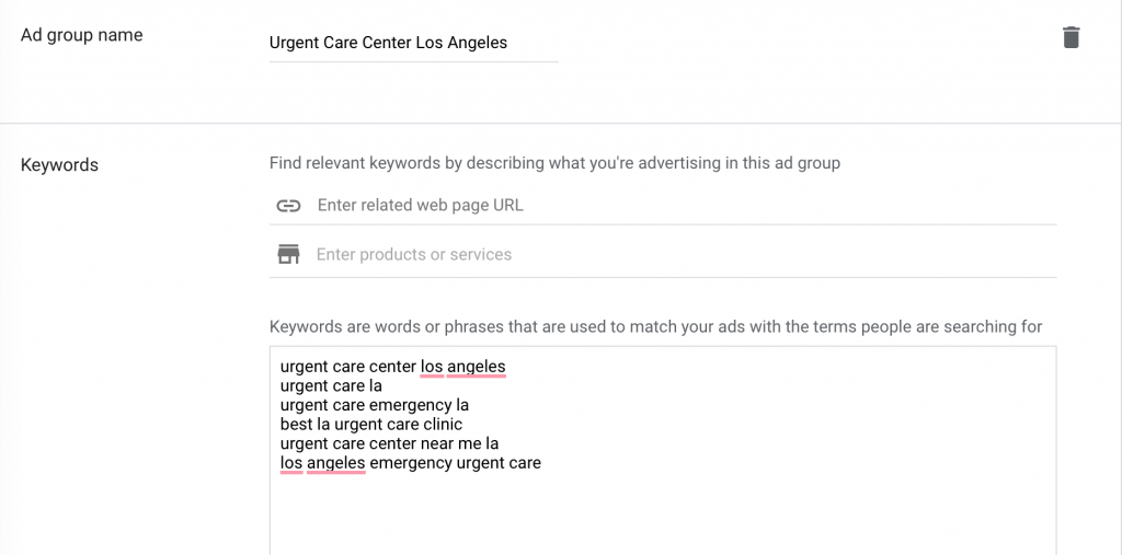 create ad group name and add keywords for your google ads for urgent care centers 