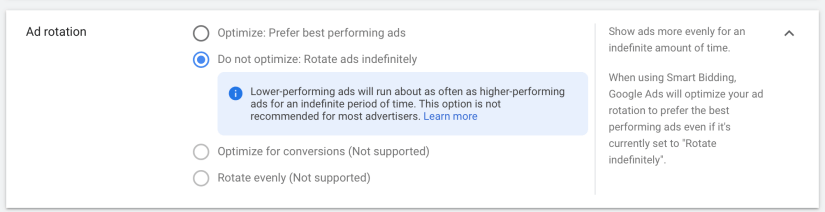 Select "Do not optimize. Rotate ads indefinitely". 