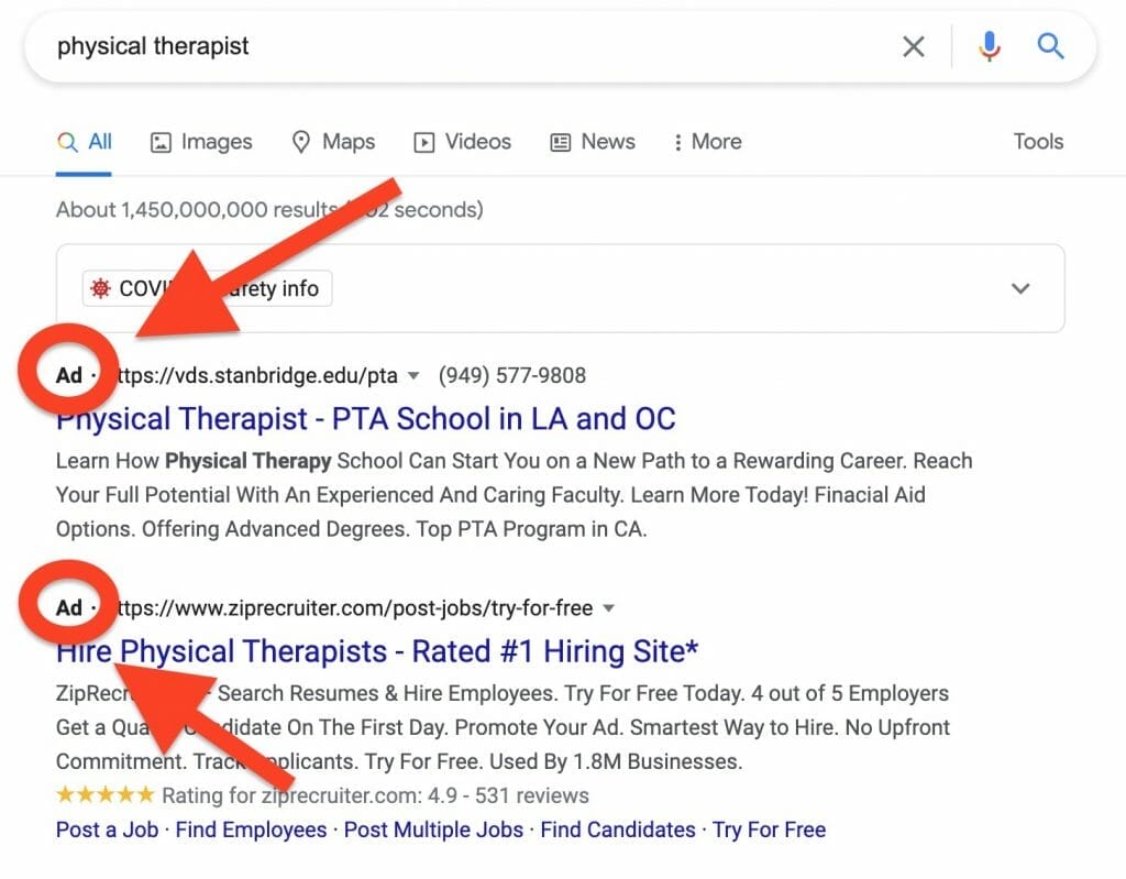 physical therapy google search result