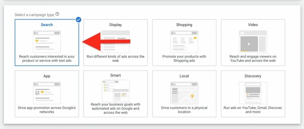 select search as your google ads for escape room camapign type