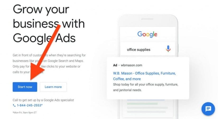 select start now to begin google ads for veterinarians
