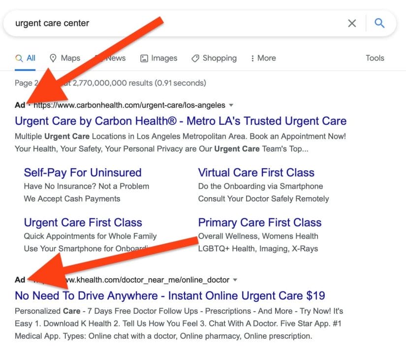Google search results for "urgent care center"